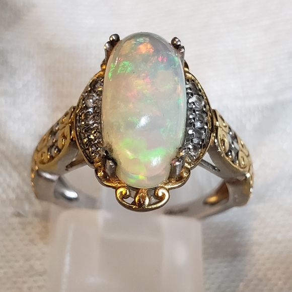 SOLDGorgeous Ethiopian Welo Opal and White Zircon Ring 2.15ctw Sterling Silver - Picture 4 of 14